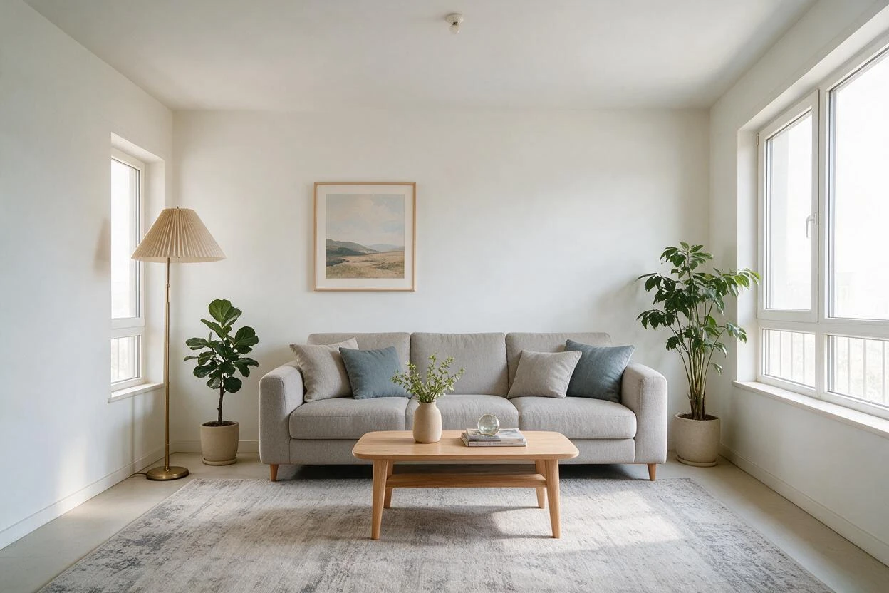 The same living room after virtual staging with a grey sofa, oak coffee table, rug, floor lamp, and plants