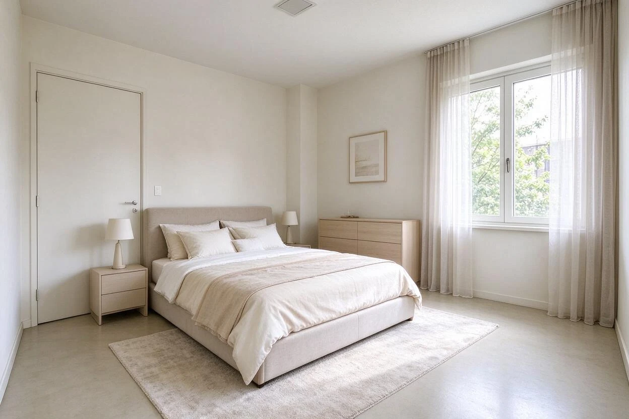 The same bedroom staged with a beige upholstered bed, nightstands, lamps, dresser, and sheer curtains