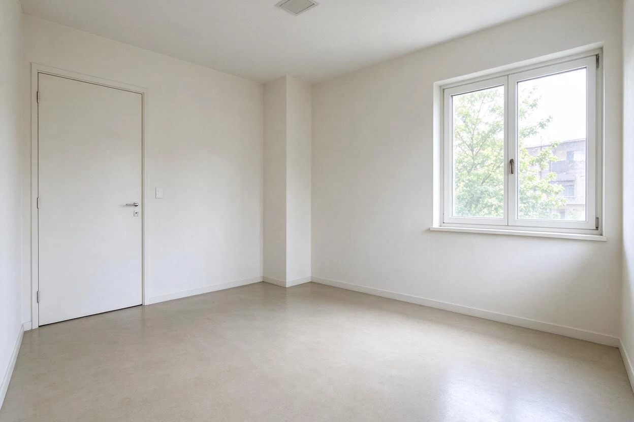 Empty bedroom with a single window and closed door before staging
