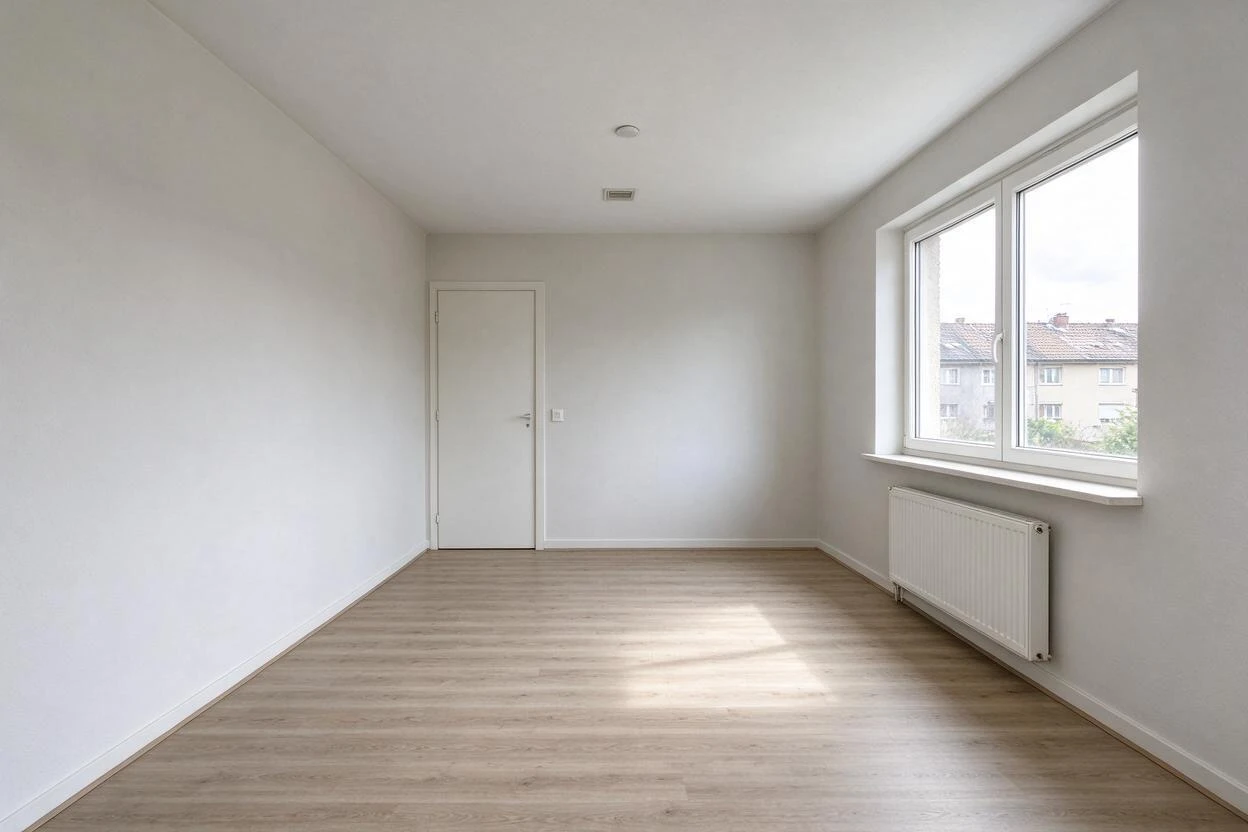 Empty dining room with wood floor, radiator, and large window before virtual staging